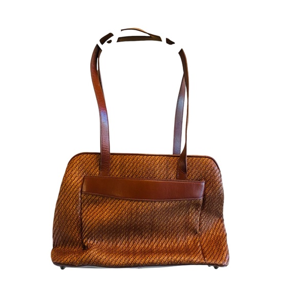 Fossil Tan Woven Straw & Leather Tote Bag With Double Handles & Multiple Pockets - Picture 1 of 4